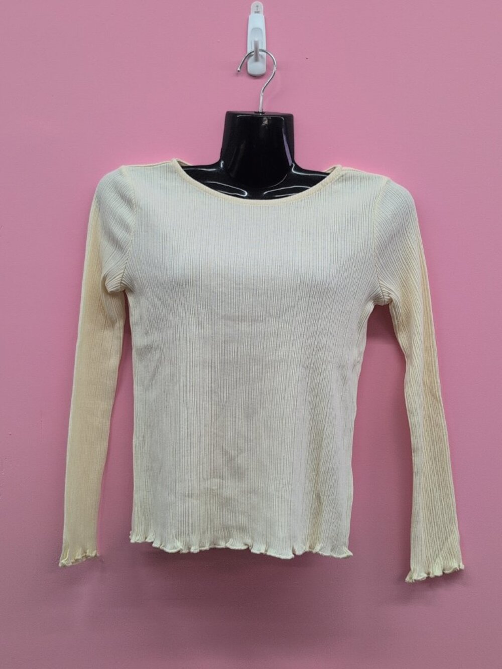 H&M Girls Ribbed Knit Long Sleeve Lettuce Hem Top Size US 8/10 Years Light Beige